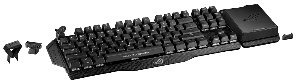 ROG Claymore with 3D-printed keycaps, keycap puller, protective covers for the side panels, and the dust cover for numeric keypad