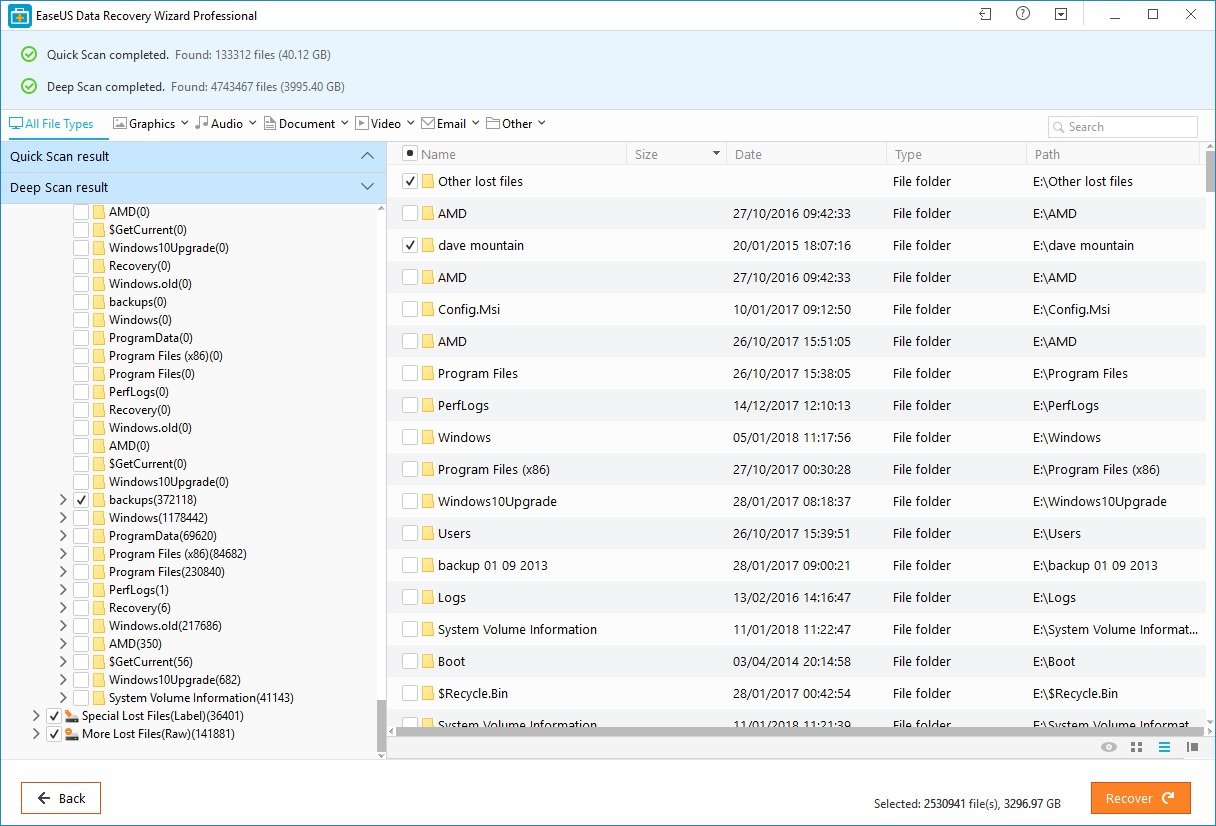easus file recovery selection