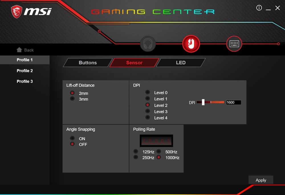 MSI Gaming Center GM50 sensor settings