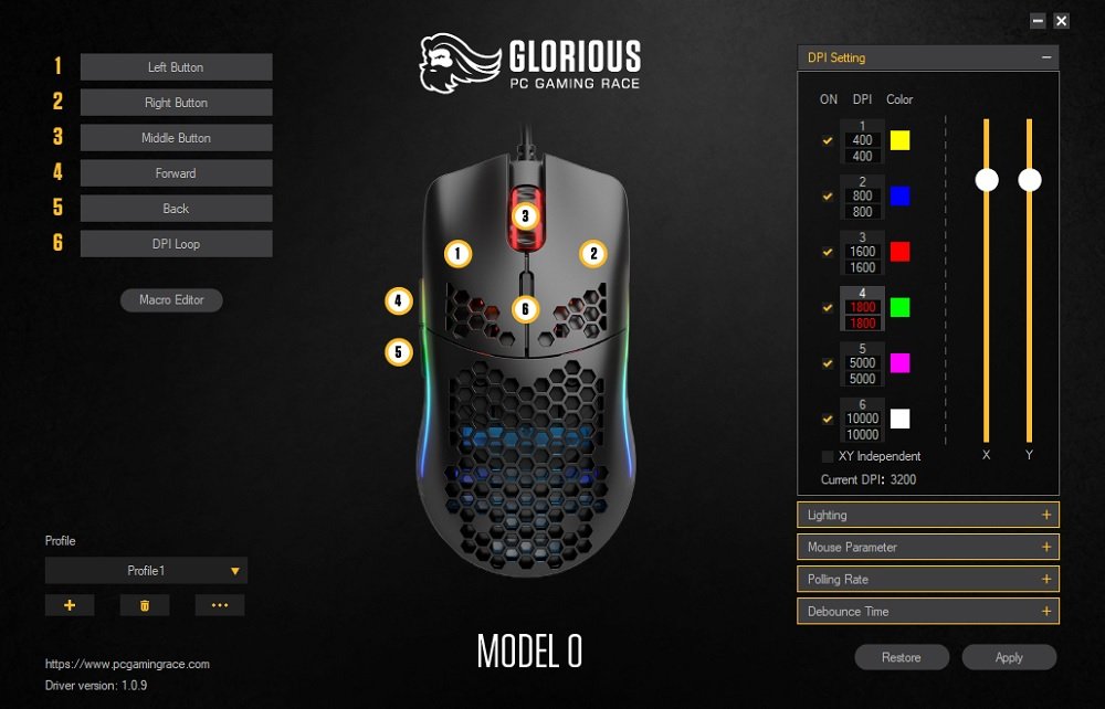 glorious pc gaming mouse model 0 software main screen