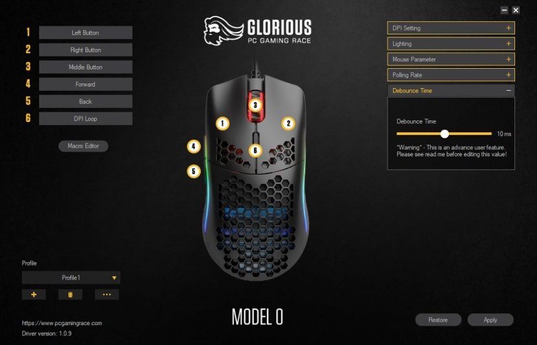 glorious pc gaming mouse model 0 sofware debounce time