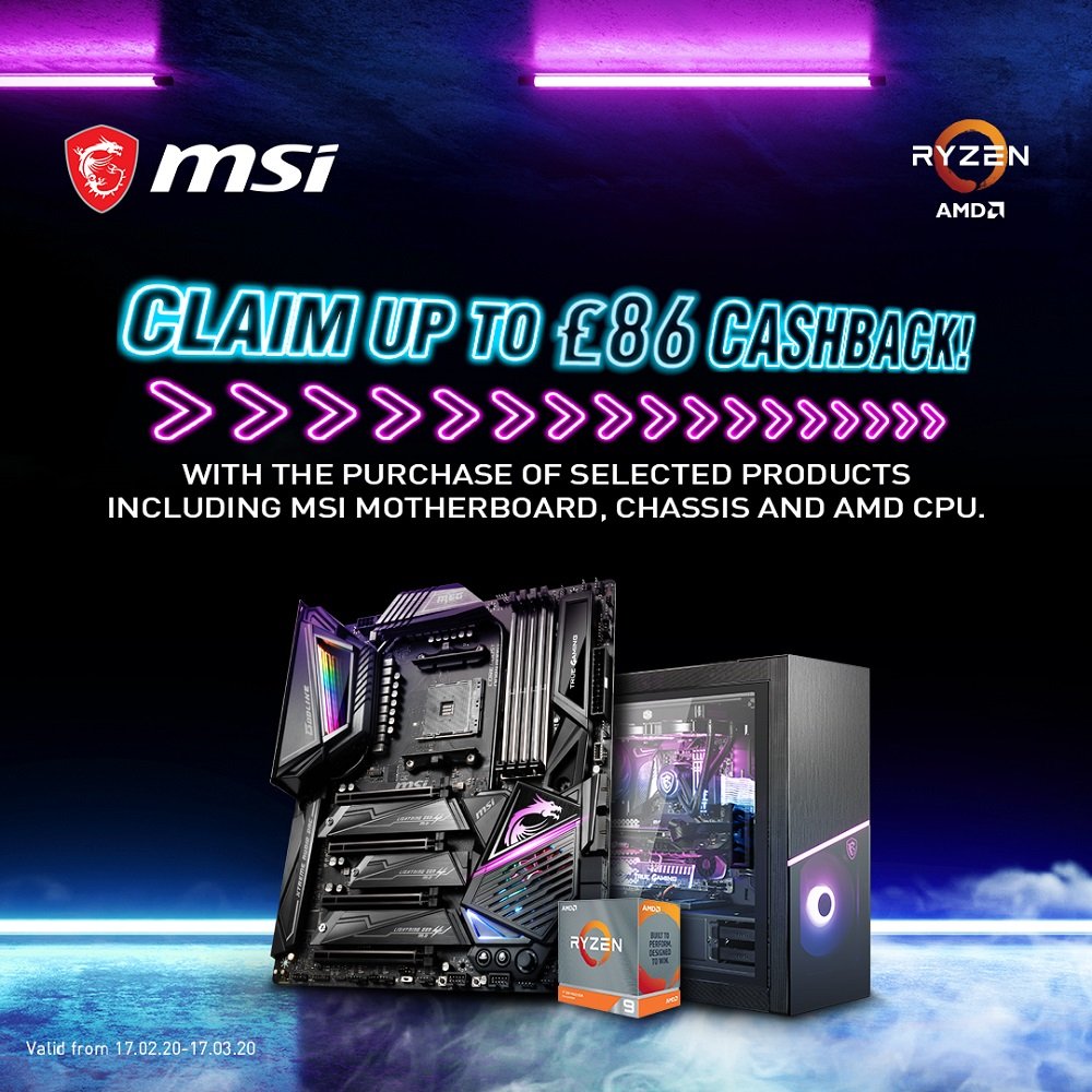 Image highlighting MSI's cashback offer with the example of a Ryzen 9 CPU, X50 Godlike motherboard and MSI Sekira case