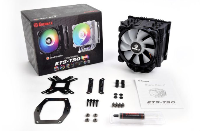 The ETS-T50 AXE Addressable RGB Blaack with box and contents. The cooler comes with a universal backplate, amd bracket, intel bracket, screws, manual, and tube of thermal paste.