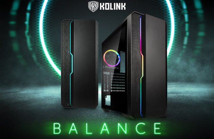 The Kolink Balance front the front and a slight angle. A smooth front panel covers from the right edge reaching two thirds of a way across, then there's a step to a mesh for the rest.