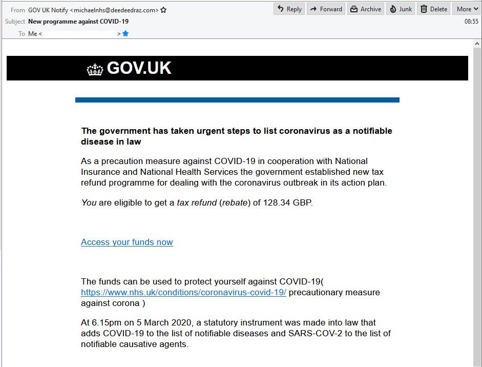 A screenshot of a phishing email, as users might receive following the Virgin Media data breach. The email claims "As a precaution measure against COIVID-19 in cooperation with National Insurance and National Health Services the government established new tax refund programme for dealing with the coronavirus outbreak in its action plan. You are eligeable to get a tax refund (rebate) of 128.34 GBP." This claim is followed by a link to "Access your funds now".
