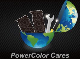 Image of GPUs and spanners inside a globe, with the text 'PowerColor Cares' in relation to the covid induced warranty extension.