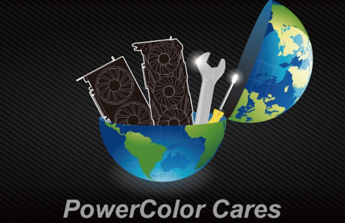 Image of GPUs and spanners inside a globe, with the text 'PowerColor Cares' in relation to the covid induced warranty extension.