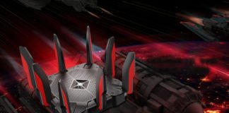 The TP-Link Archer AX11000 on a background of spaceships, underlining the angular scifi design
