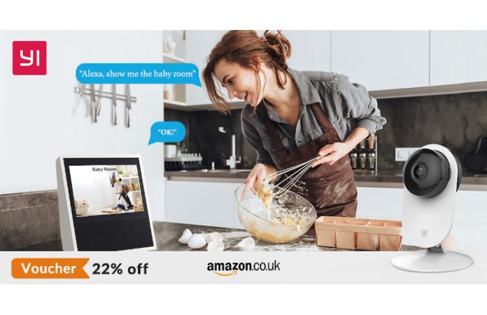 YI camea with the coupon and an illustration of use with alexa