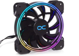 An illuminated Alphacool Eiszyklon Aurora LUX PRO 2 120mm fan, from the front in the light