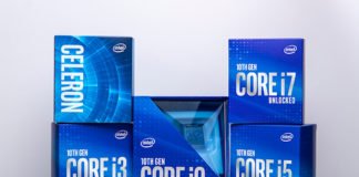The Intel 10th generation desktop comet lake family, showing celeron, i3, i5, i7 and i9 boxes. The i9-10900K box is more sensible this time than the football the 9900K came in.