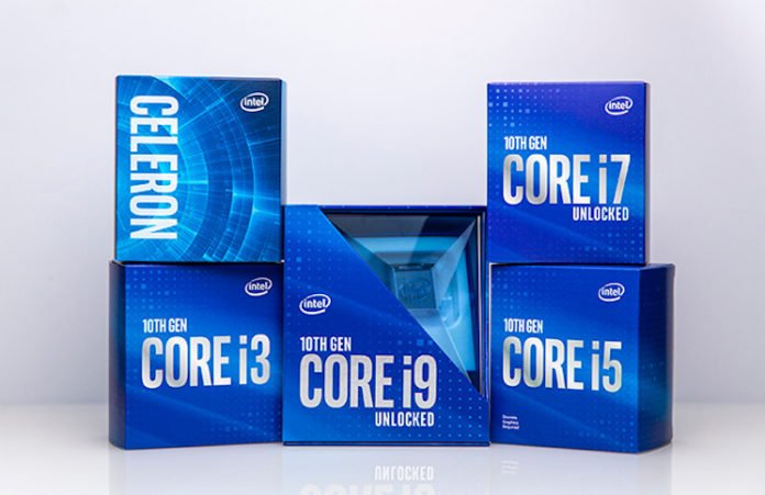 The Intel 10th generation desktop comet lake family, showing celeron, i3, i5, i7 and i9 boxes. The i9-10900K box is more sensible this time than the football the 9900K came in.