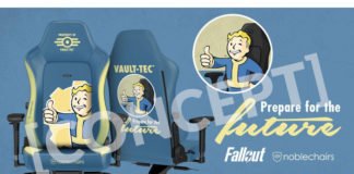 A gaming chair in fallout blue with yellow highlights, and fallout artwork.