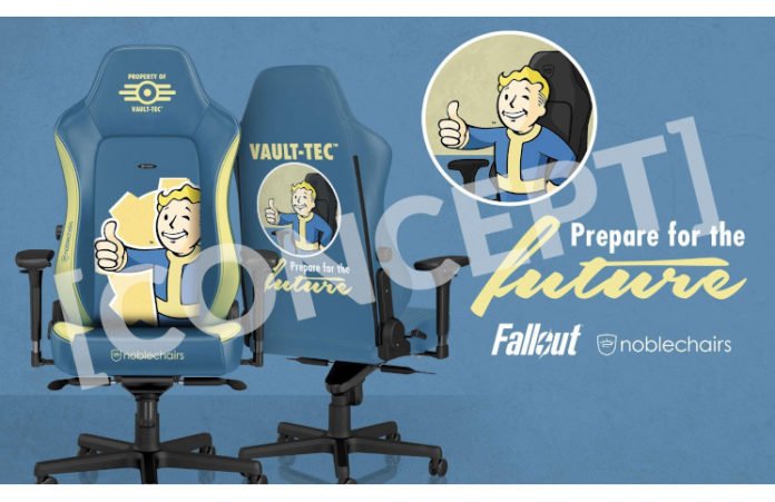 A gaming chair in fallout blue with yellow highlights, and fallout artwork.