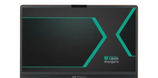 The Tuxedo InfinityBook Manjaro open from the front