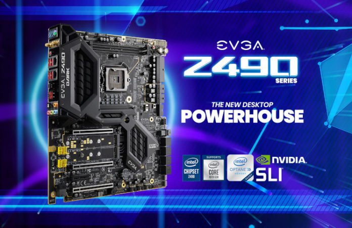 The Z490 Dark, exemplifying the EVGA Comet Lake lineup with icons for Intel Z490, 10th gen Core, Intel Optane memory, and Nvidia SLI
