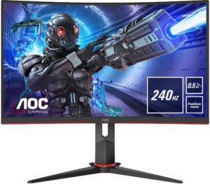 The AOC C27G2ZE/BK from the front, showing very slim bezels. Info boxes announce the 240Hz refresh rate, 0.5ms response time and Freesync Premium support.