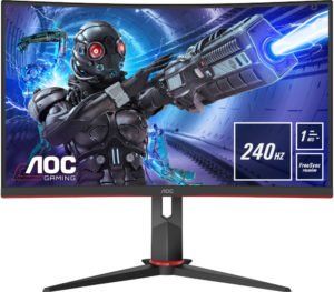 The AOC C32G2ZE/BK from the front, showing very slim bezels. Info boxes announce the 240Hz refresh rate, 1ms response time and Freesync Premium support.