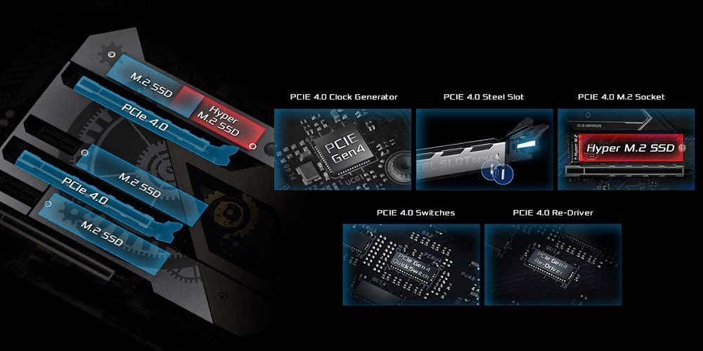 ASRock PCIe 4.0 features on Z490 and H470 boards for Intel Comet Lake. Image highlights a PCIe 4.0 clock generator, PCIe 4.0 steel slots, a PCIe 4.0 M.2 socket, PCIe 4.0 switches and PCIe 4.0 re-drivers.