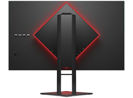 The HP Omen 27I from the back. There's a diamond-shaped housing for ports and the controller, surrounded by RGB.
