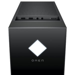 The top of the OMEN 30L case features a grille , and a recessed area for the USB ports, audio jacks and power buttons.