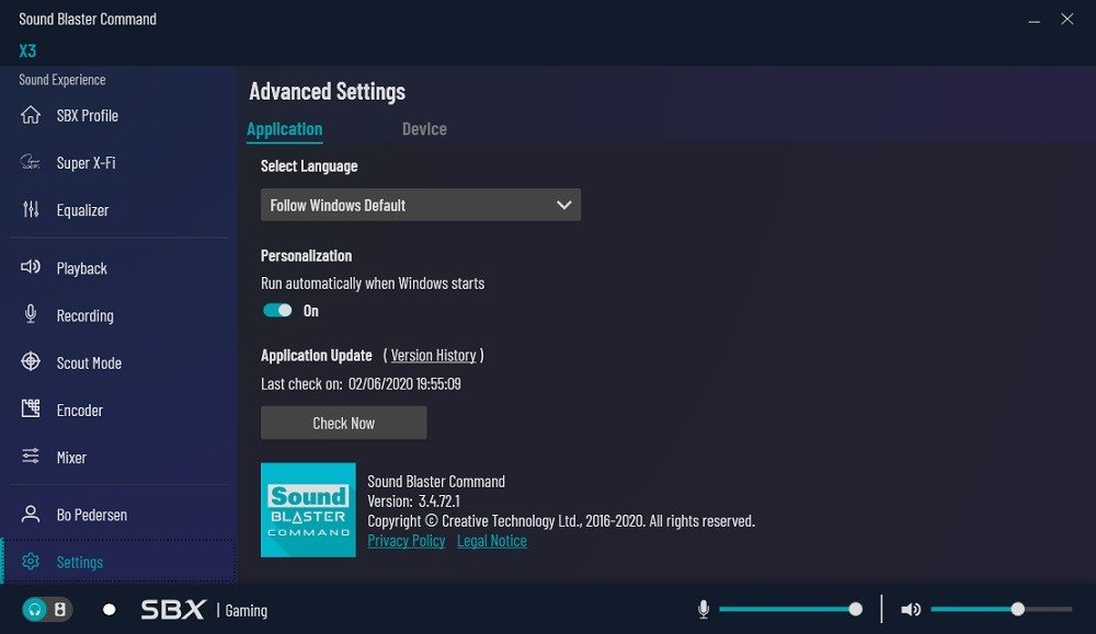 Soundblaster Command advanced settings appication