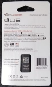 Datalocker sentry k300 in packaging, from the back. Inclues a passage declaring cross-platform compatibility, links, and a brief 'getting started' section.