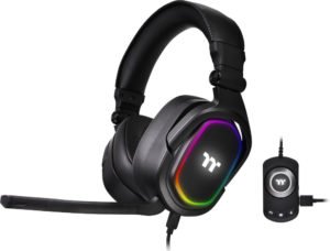 Thermaltake Argent H5 RGB surround, with a padded headband and earcups with thick pads, plus a control doodad. The controller has a tactile dial and three raised buttons so should be fairly easy to orient on.