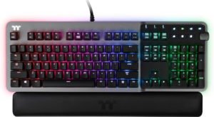 Thermaltake Argent K5 RGB Mechanical Keyboard. Raised dots for orientation are present on F, J and the 5 of the numpad. The key tops are very curved. Also notable is a built-in wrist rest, though this is narrower than the keyboard itself for some reason.