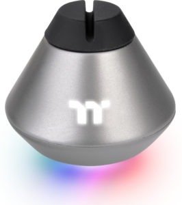 Thermaltake Argent MB1 RGB Mouse Bungee. TT call this half-droplet shaped with a space gray color finish. There's a slot in the top for a mouse cable.