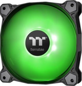 Thermaltake Pure A12 120mm fan with Green LEDs. The frame is round with soft anti-vibration pads on the corners.