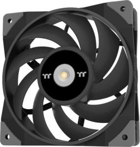 Thermaltake TOUGHFAN 12, with 9 thin blades. They look sharp. The frame is squareish with rubber anti-vibration corners.