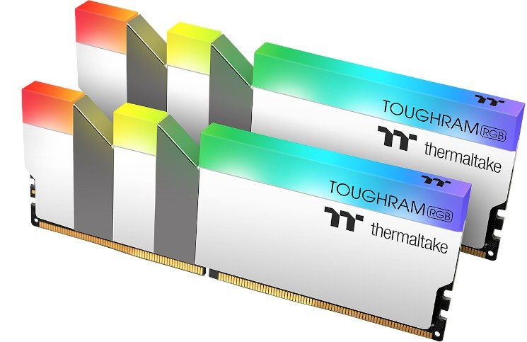 A thermaltake toughram rgb 32GB or 64GB kit, with two sticks. There are two deep notches in the top of the heatspreader, offset to one side, which extend down the cooler with cold bare metal rather than the matte coating of the rest of the stick.