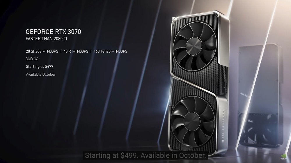 RTX 3070 render with text saying faster then 2080 ti, 20 shader-tflops, 40 rt-tflops, 163 tensor-tflops, 8GB G6, starting at $499, available october.