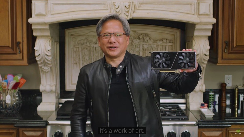 JHH holding an RTX 3070 while saying "It's a work of art"