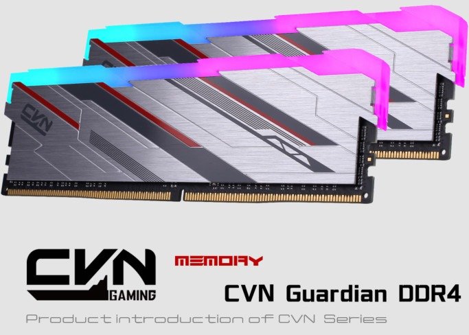 Colorful CVN Guardian memory with a brushed aluminium heatspreader and plastic RGB diffuser. Text on the image says CVN Gaming, Memory, CVN Guardian DDR4, and Product introduction of CVN Series. Yes, one of those is just "memory" on its own.