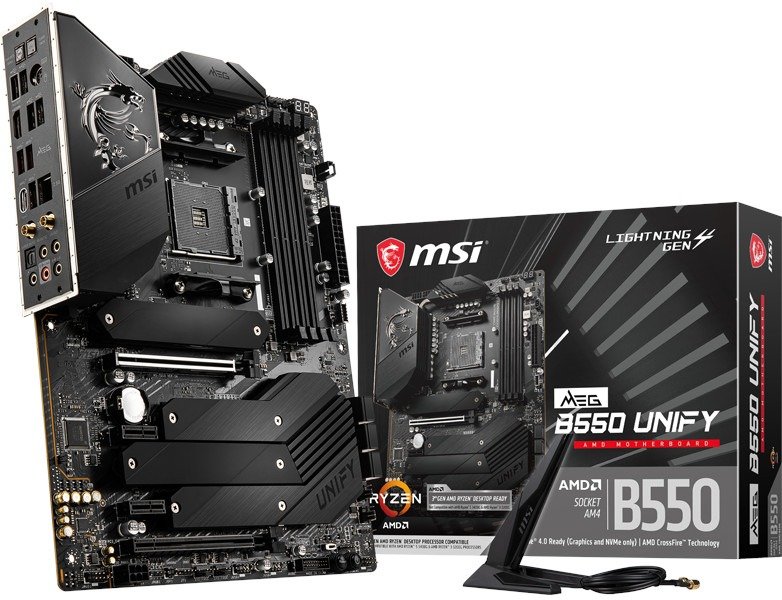 MSI MEG B550 Unify angled to show the IO as well as the board, with the box and wifi antenna
