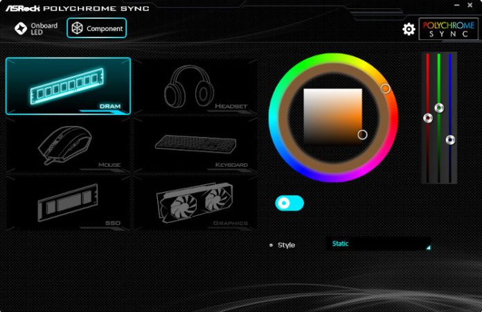 Screenshot of ASRock POlychrome on an X570 Taichi showing RGB memory control
