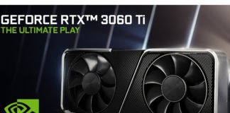 An RTX 3060Ti cooler with the nvidia logo, product name, and text saying "the ultimate play"