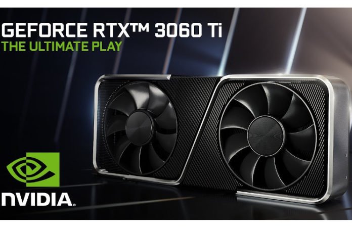 An RTX 3060Ti cooler with the nvidia logo, product name, and text saying 