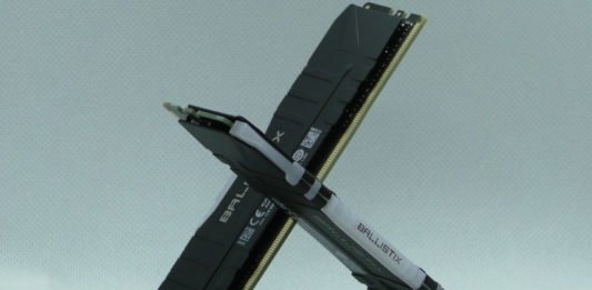 Two crucial ballistix RGB DDR4-3600 8GB sticks slotted together into the obligator memory review cross
