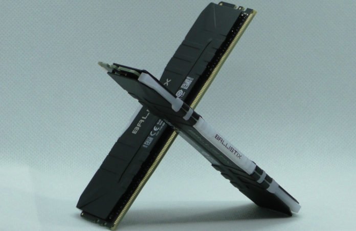 Two crucial ballistix RGB DDR4-3600 8GB sticks slotted together into the obligator memory review cross