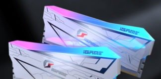 colorful igame vulcan DDR4 modules with a chunky anodised aluminium heatspreader, plastic RGB LED light bar along the top, and white PCB