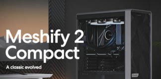 image of a fractal design meshify 2 compact on a desk with text reading "Mesify 2 Compact, A classic evolved"