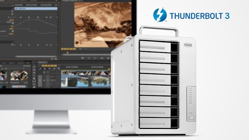 A terramaster D8-331 next to an imac, with the thunderbolt logo and text saying Thunderbolt 3.