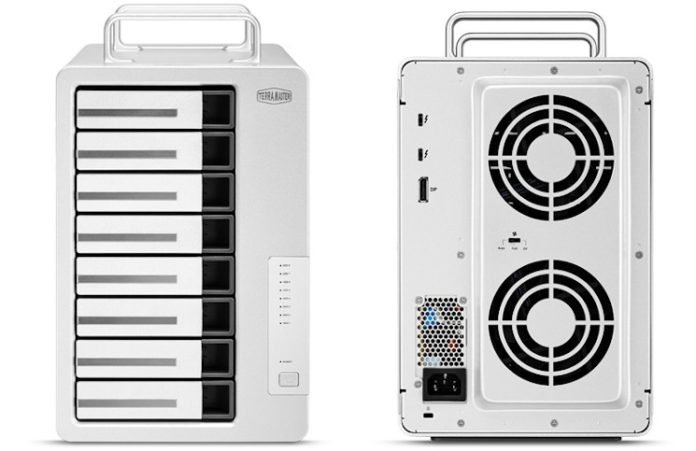 A terramaster D8-331 8-bay thunderbolt 3 DAS, front and back. The front has 8 bays, status LEDs and a power button. At the back are an IEC 
